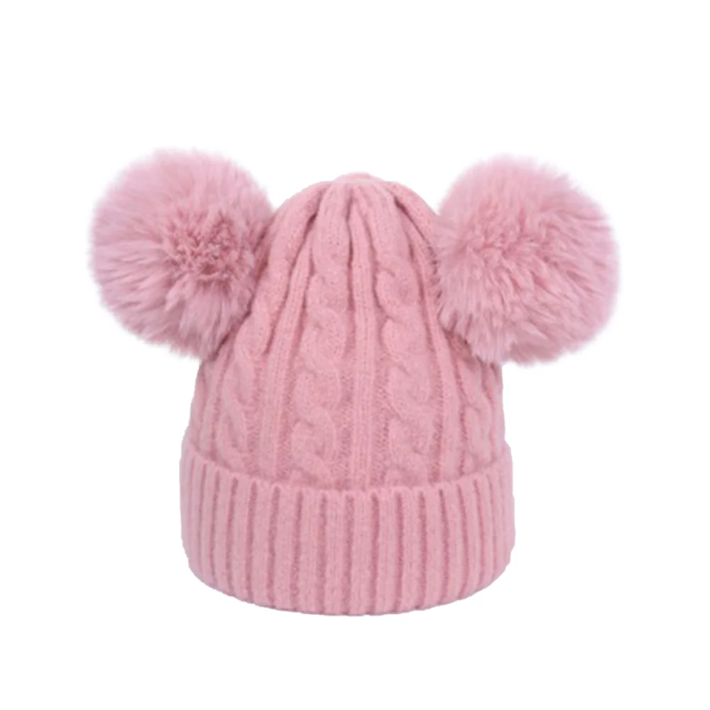 Children's Double Hairball Thickened Wool Hat, Solid Color Warm Knitted Hat