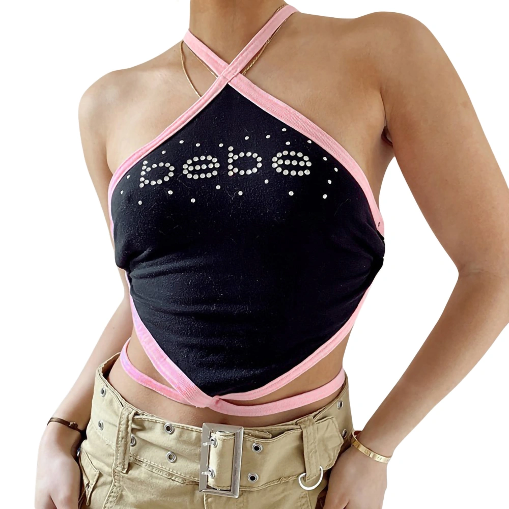 Women Tank Tops Cross Halter Strappy Rhinestones/Shiny Letter Vest 