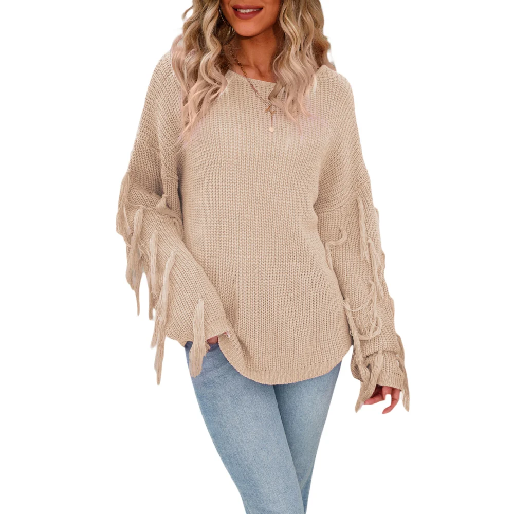 Women Plus Size Sweater, Solid Color Long Sleeve Fringe Knit Pullover