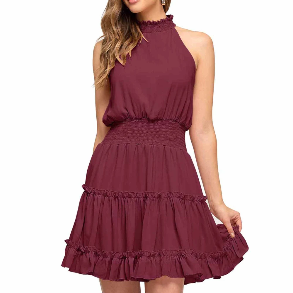 Women's Dress, Ruffled Trim Sleeveless Elastic Waist Blouson Dress