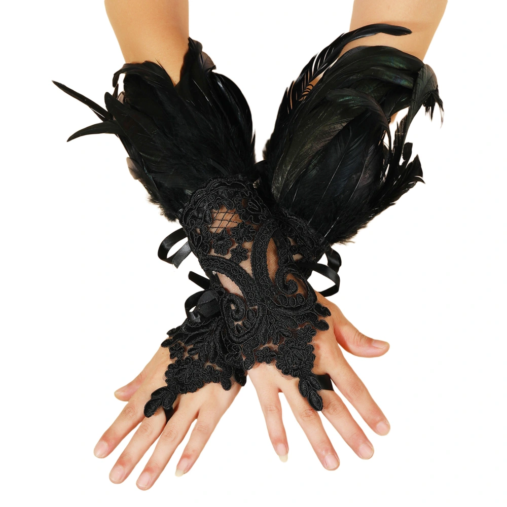 Halloween Artificial Feather Gloves Goth Lace Flower Gloves Costume