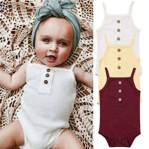 Newborn Baby Summer Sleeveless Romper Cotton Solid Color Button Jumpsuit