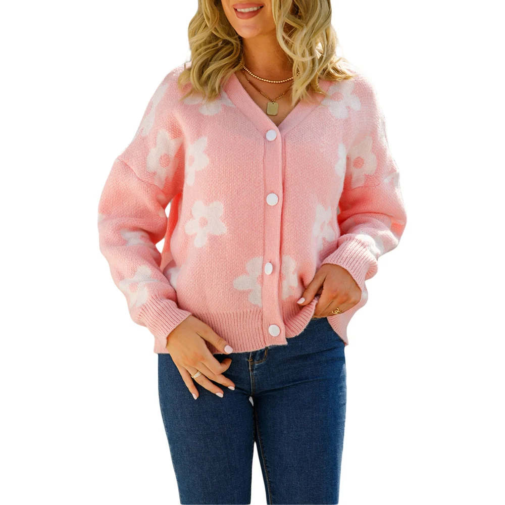 Women Knitted Cardigan with Flower Pattern, V Neck Casual Clothing