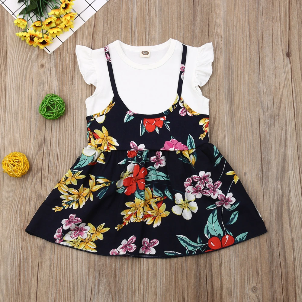 Girls Princess Fly Sleeve Dress Floral Print Fake Two-Piece Dress