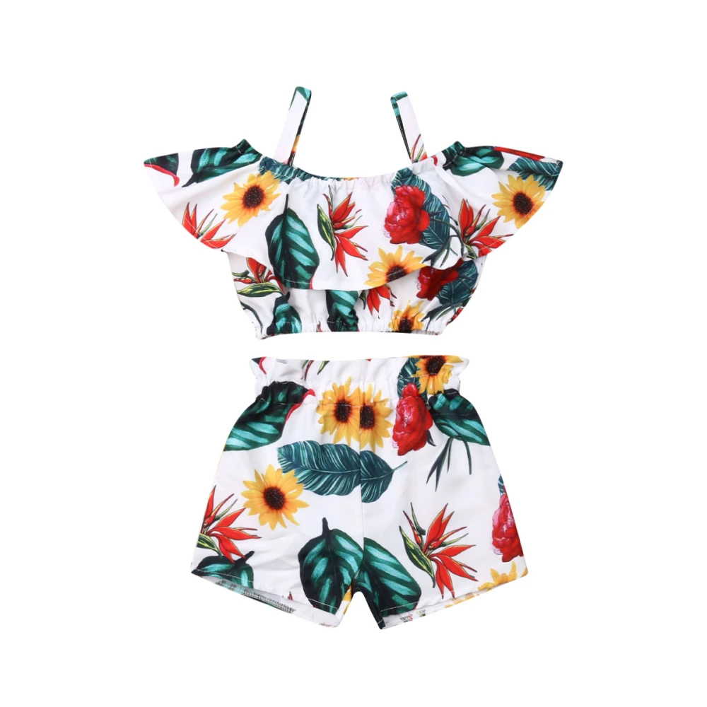 Baby Girl Off Shoulder Ruffled Flower Strap Crop Top + Elastic Band Shorts