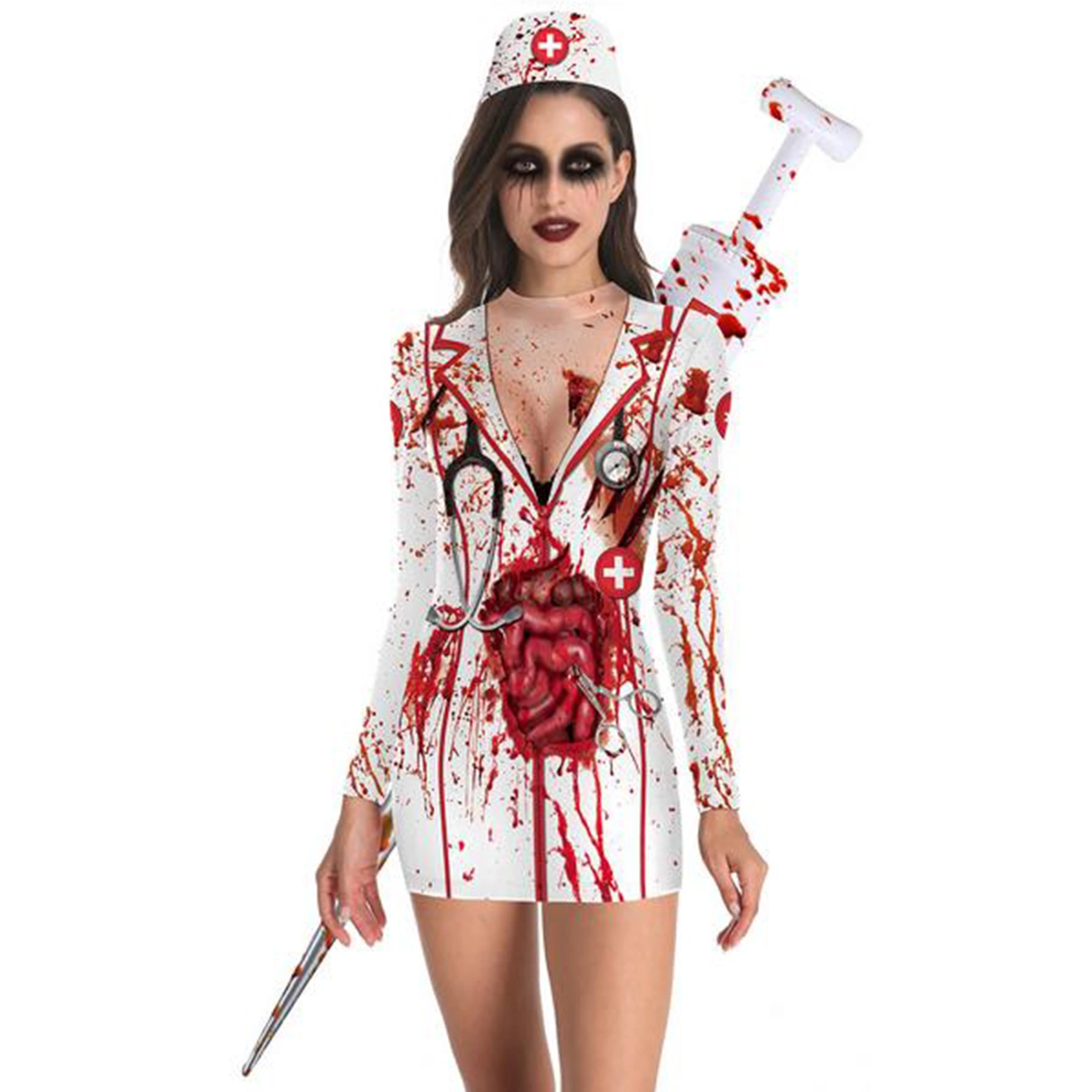 Women Halloween Dress, Blood Print Nurse Zombie Cosplay Bodycon Dress