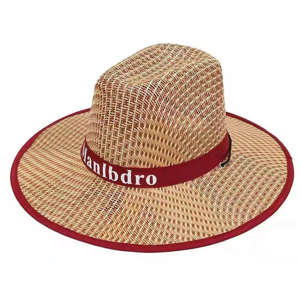 Men Straw Hat Wide Flat/Rolled Brim Letters Sun Protection Western Cap