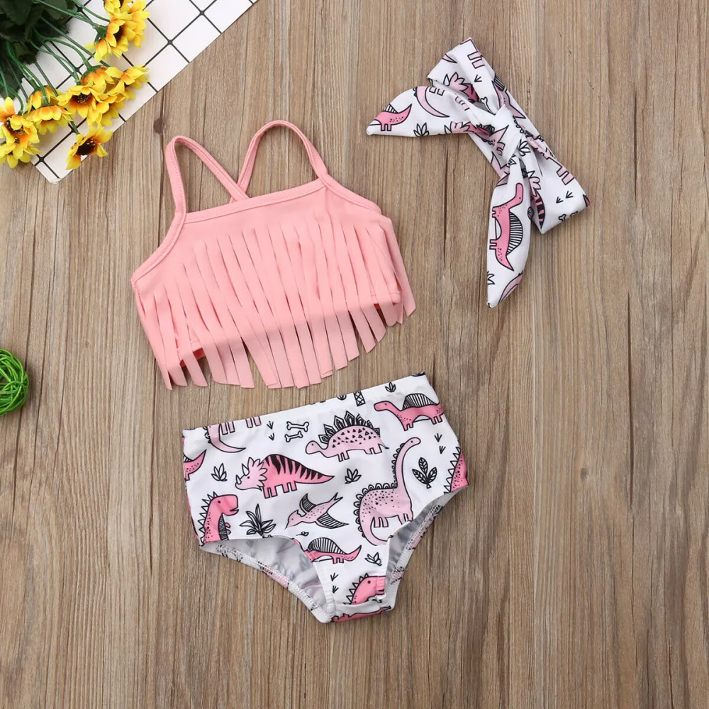 Baby Girls Swimsuit, Solid Tassel Tops + Dinosaur Shorts + Headband