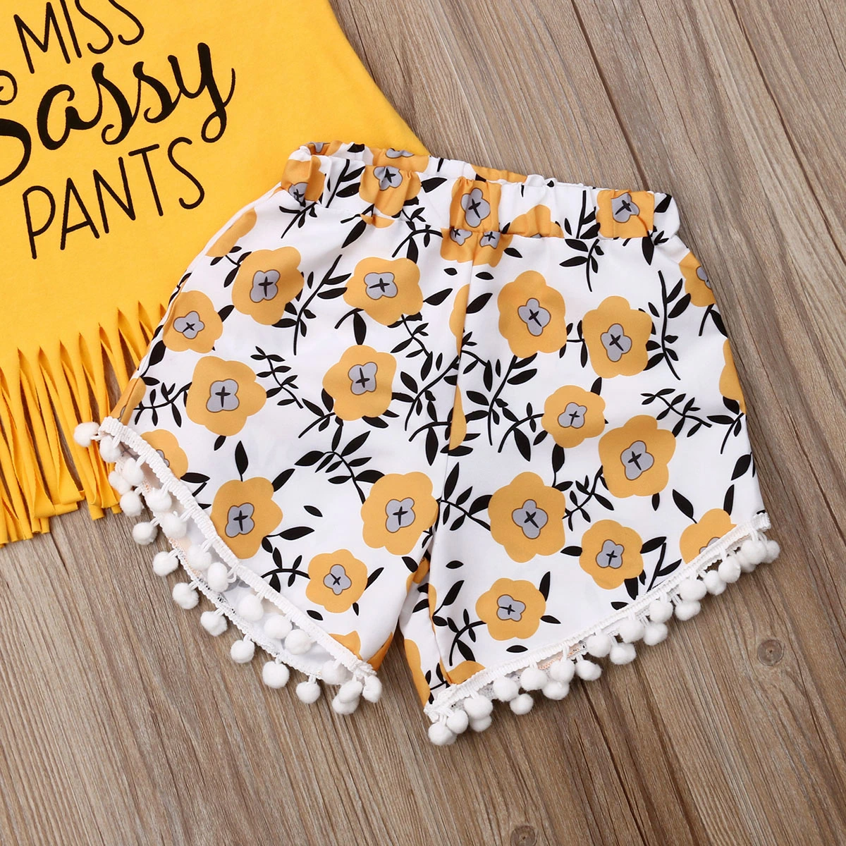 Little Girls 2PCS Outfit Set, Letter Print Tassel Hem Top, Floral Short Pants