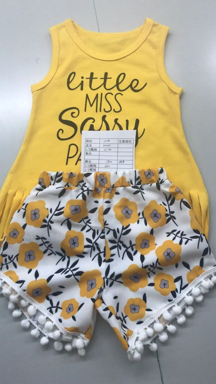 Little Girls 2PCS Outfit Set, Letter Print Tassel Hem Top, Floral Short Pants
