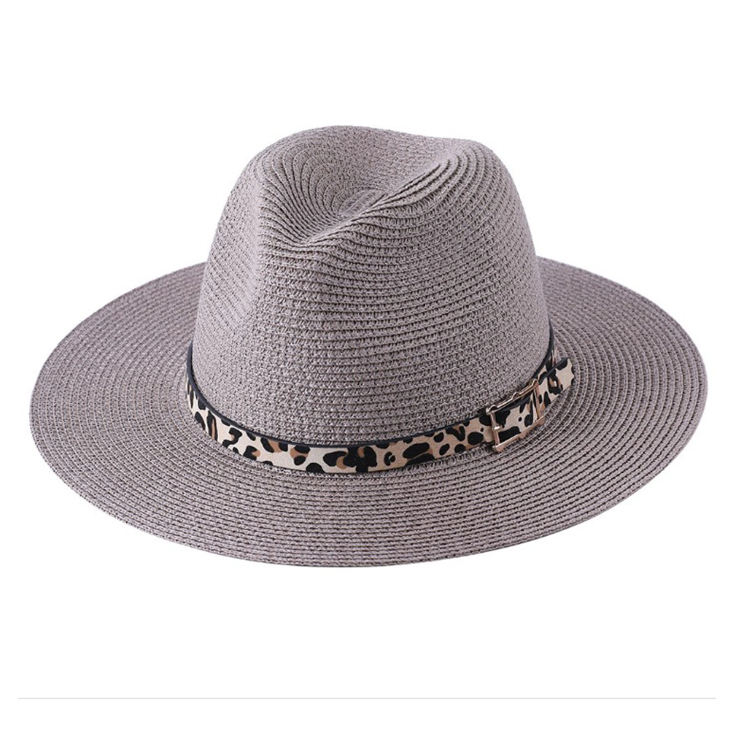Men Women Straw Fedora Hat, Wide Brim Beach Hat with Leopard Belt
