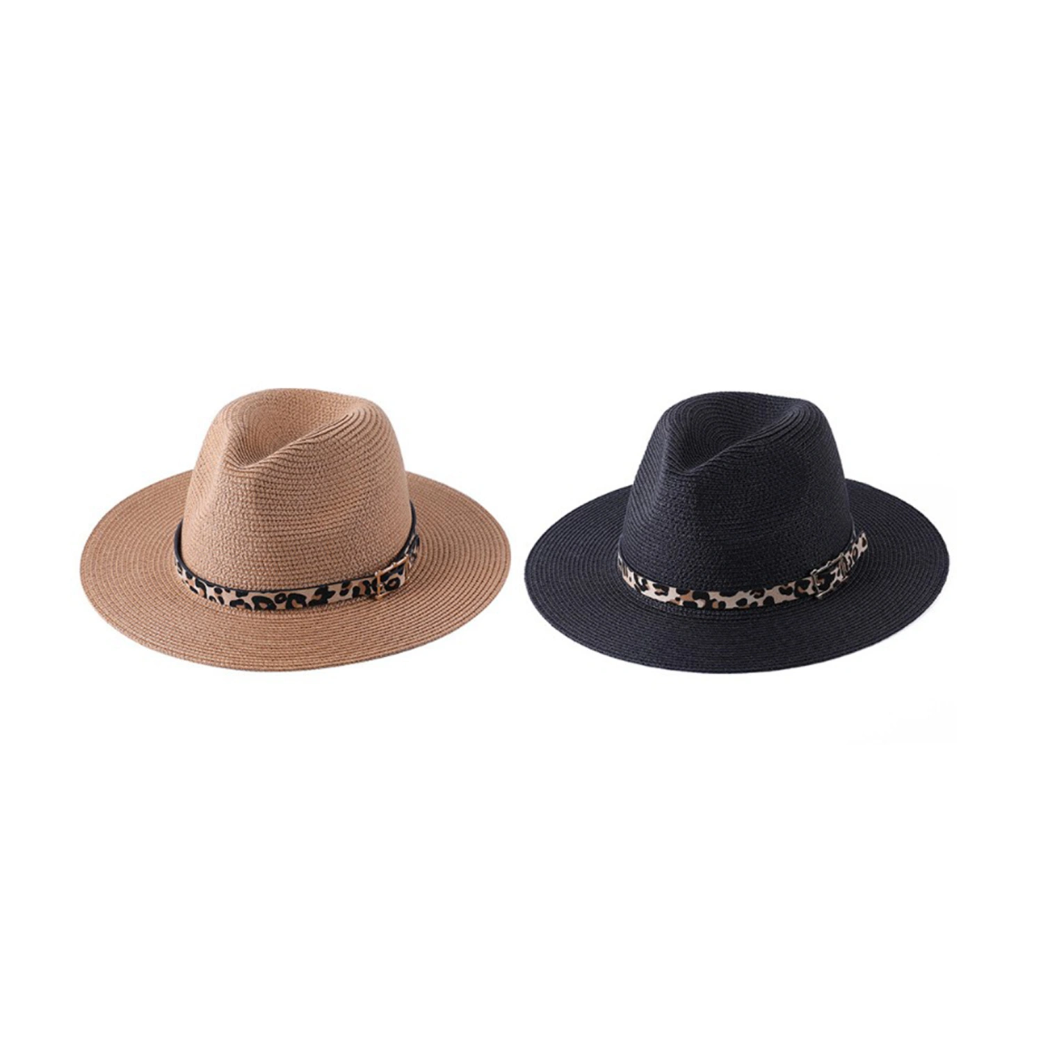 Men Women Straw Fedora Hat, Wide Brim Beach Hat with Leopard Belt