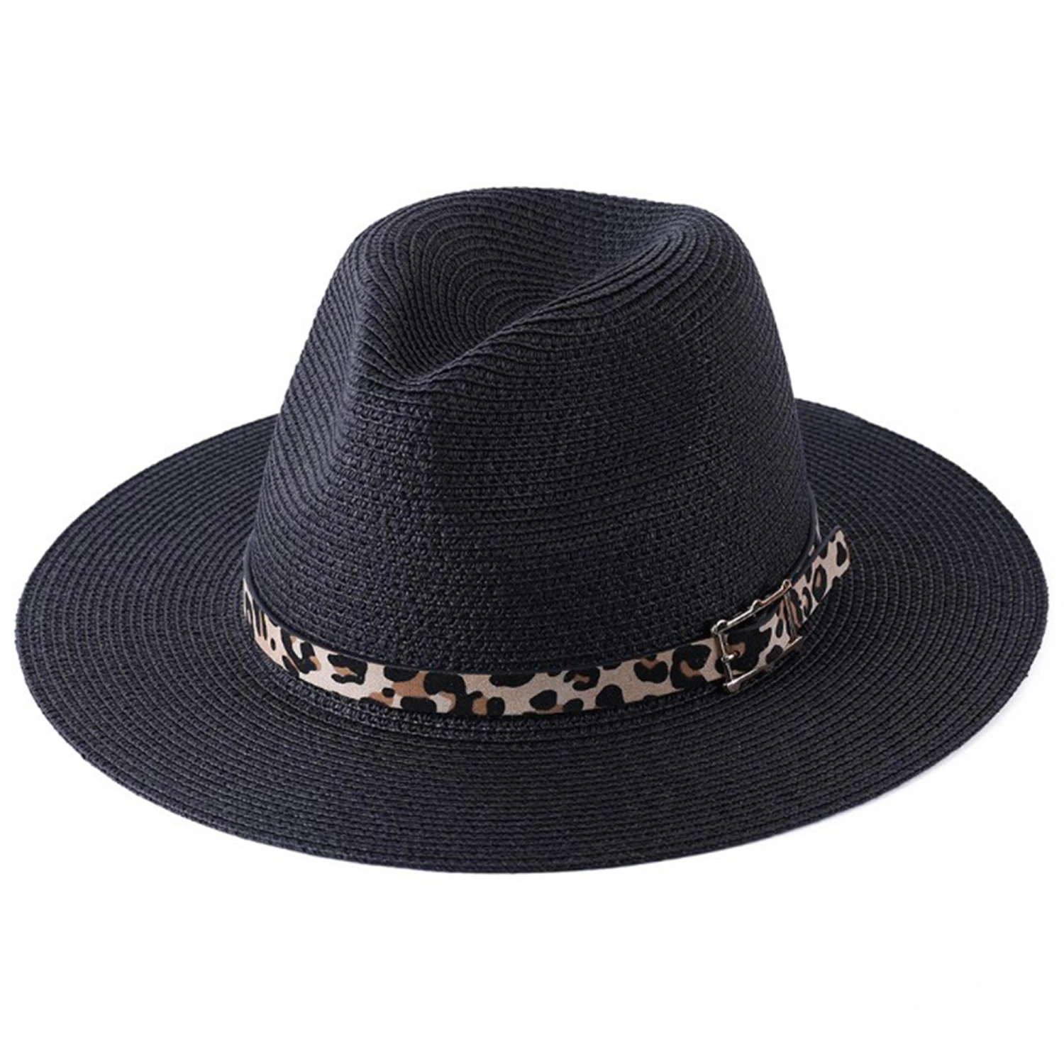 Men Women Straw Fedora Hat, Wide Brim Beach Hat with Leopard Belt
