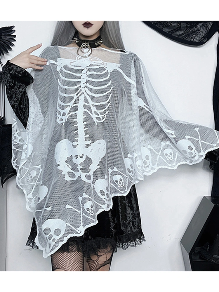 Women Halloween Costumes Sheer Lace Skeleton Poncho for Cosplay 