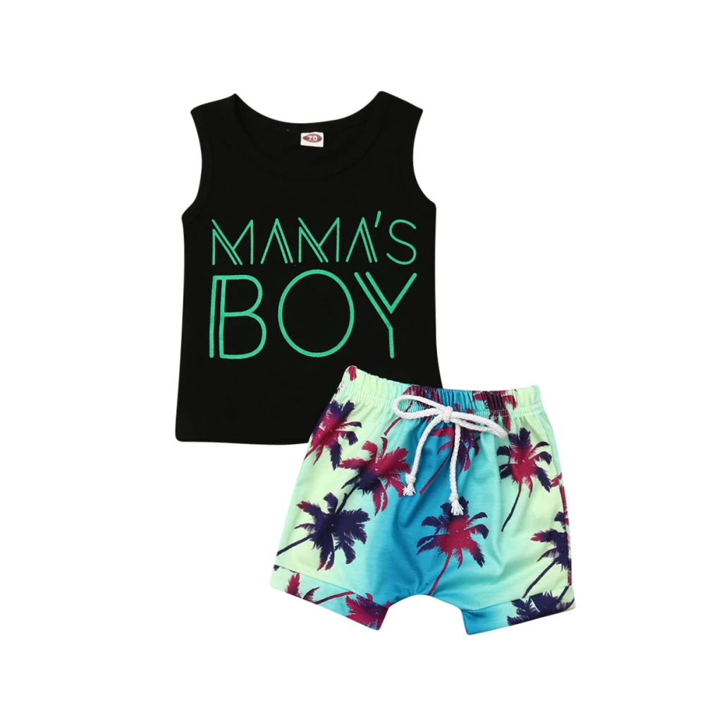 Baby Boy Sleeveless Letters Vest + Coconut Print Drawstring Shorts