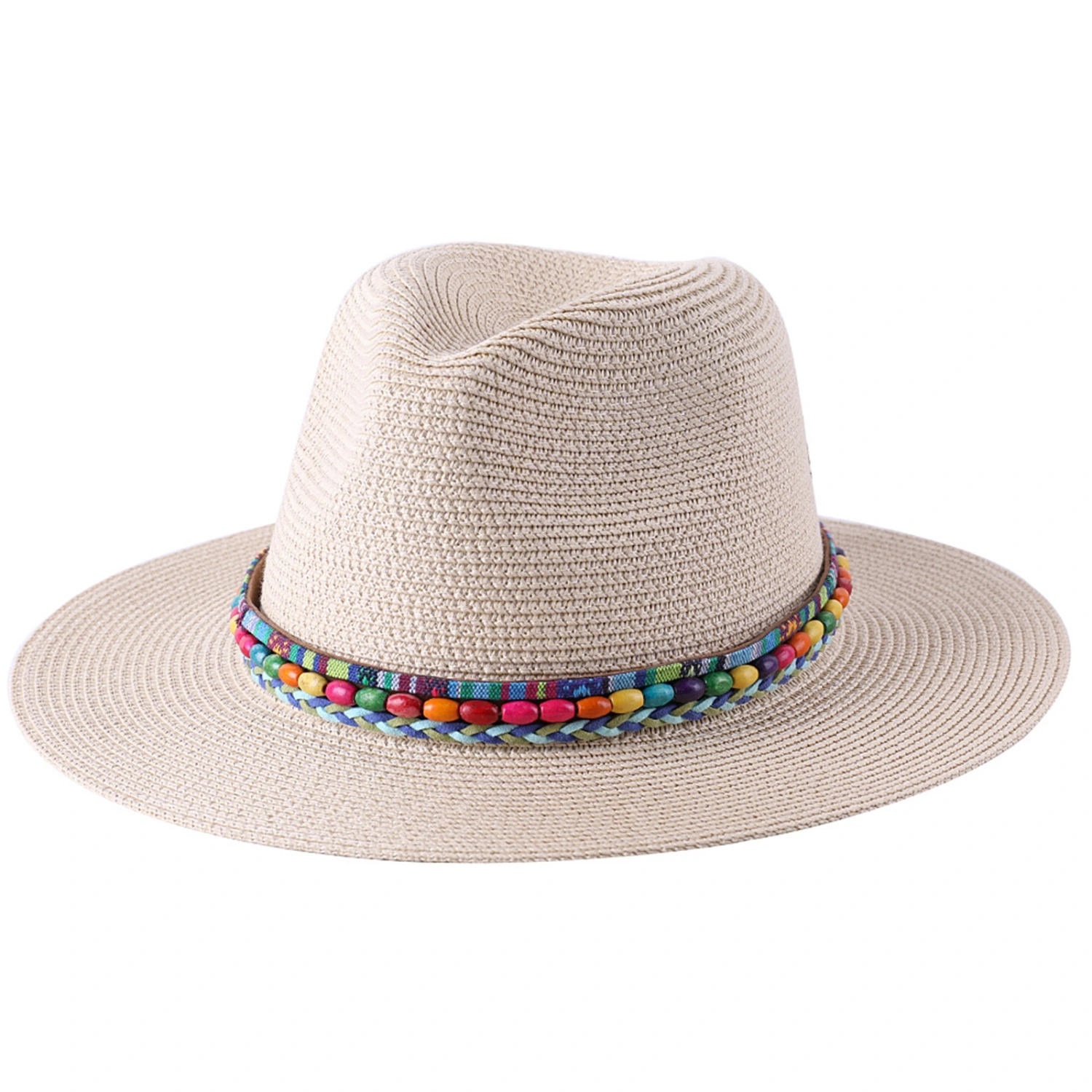 Straw Hat, Bowler Hat, Female Minority Style Beads Hat, Flat Brim