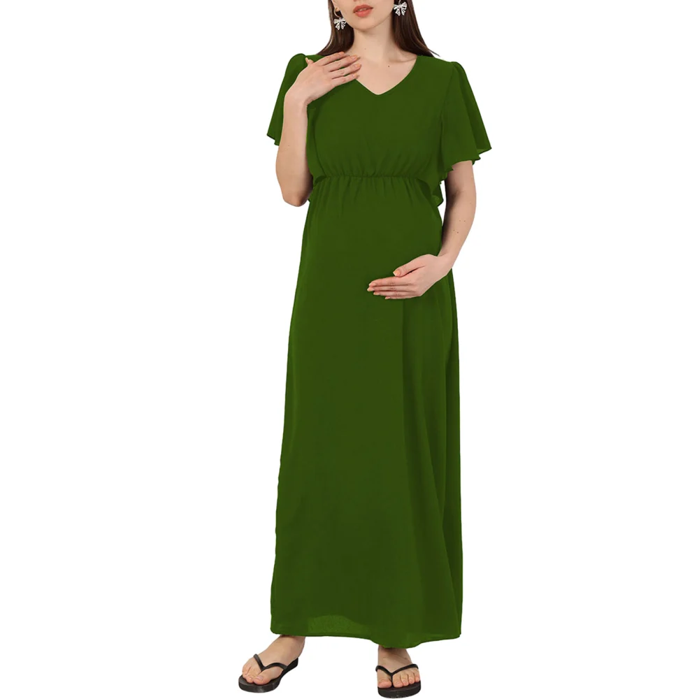 Women Maternity Short Sleeve Dress Solid Color V Neck Long Dress