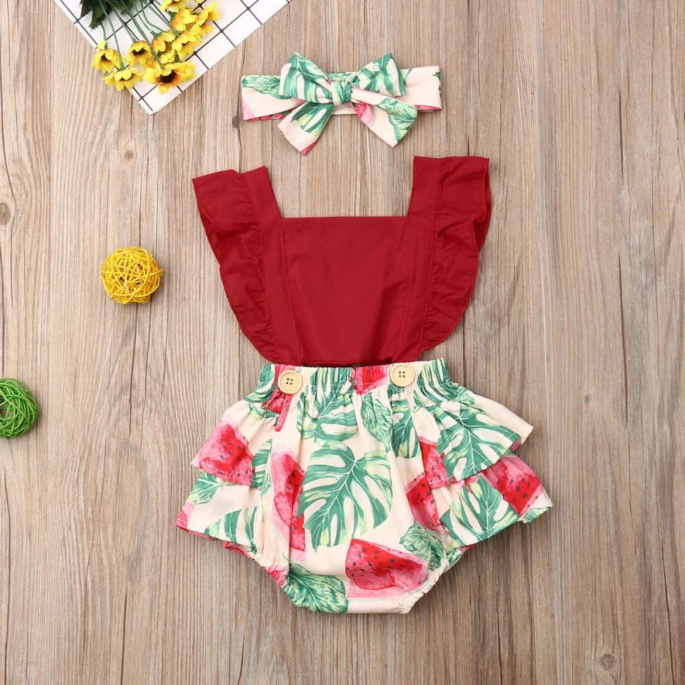 Baby Summer Clothes Set Sleeveless Fruit Print Backless Ruffle Romper+Headband