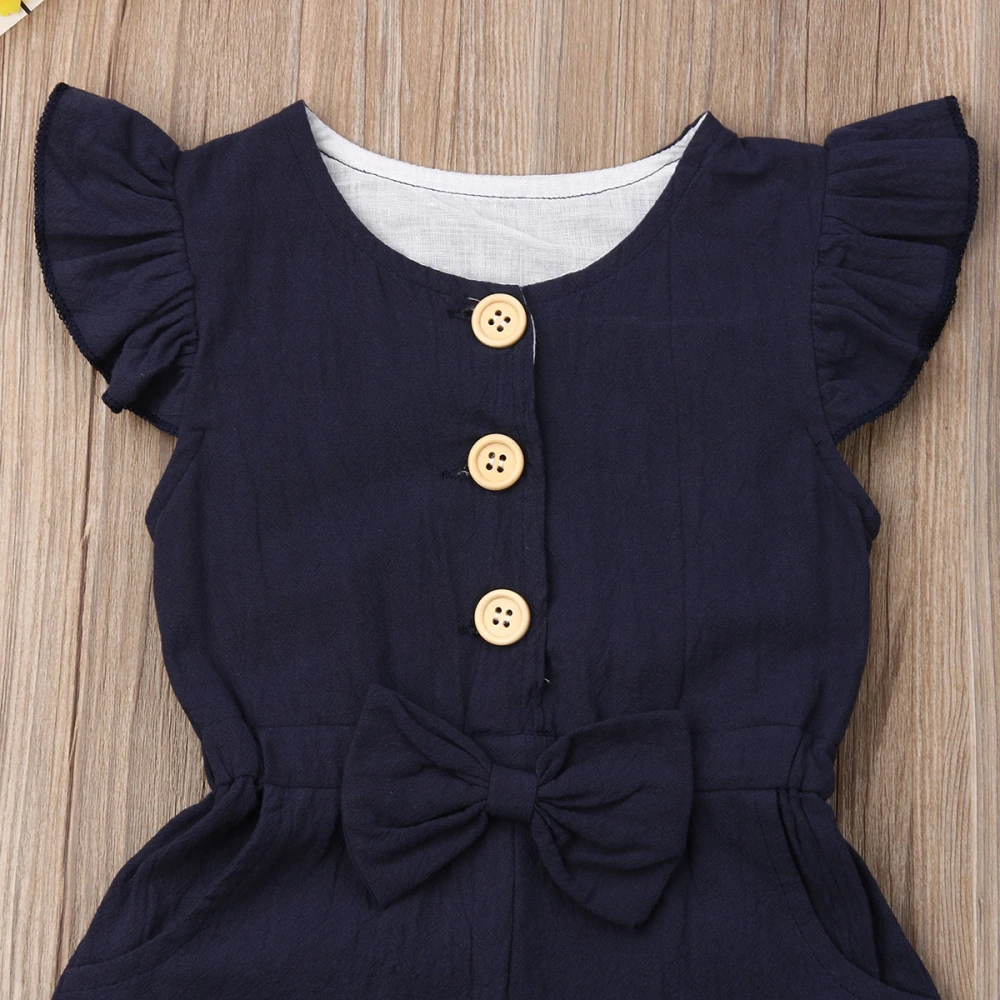 Baby Girl's Solid Color Jumpsuit Ruffle Sleeve Button Down Bow Romper