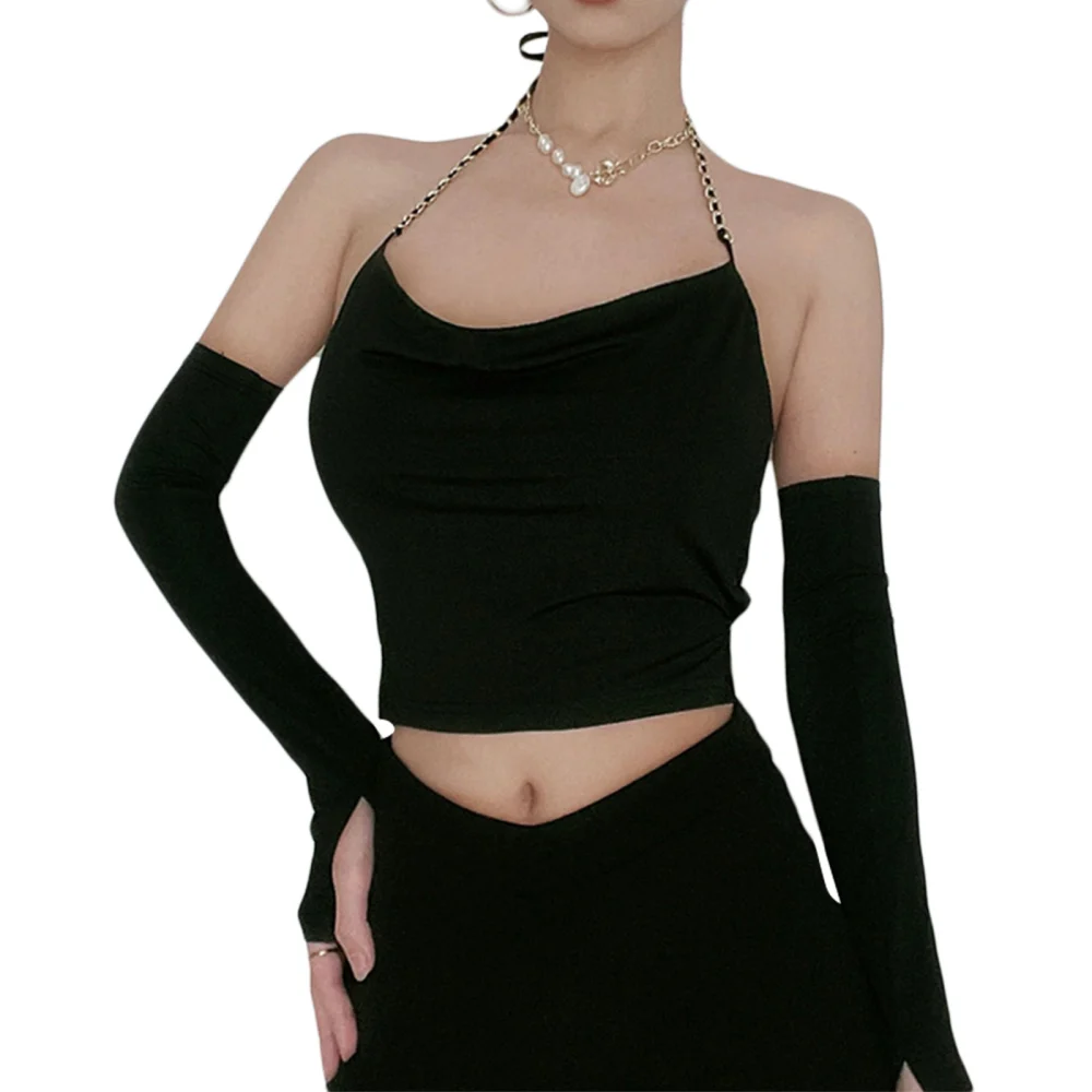 Women Crop Tops with Separated Sleeves, Chain Halter Camisole