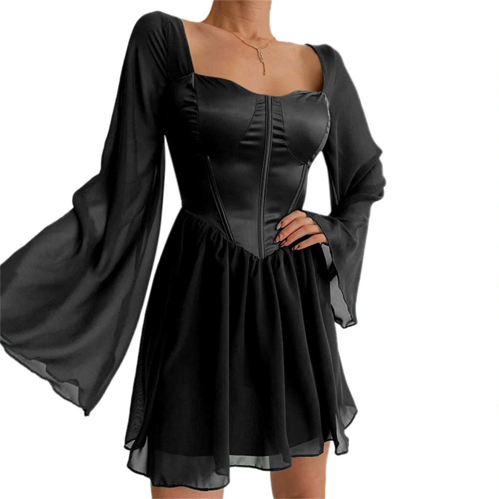 Women Dress, Long Sleeve Solid Color Corset Waist One Piece Skirt