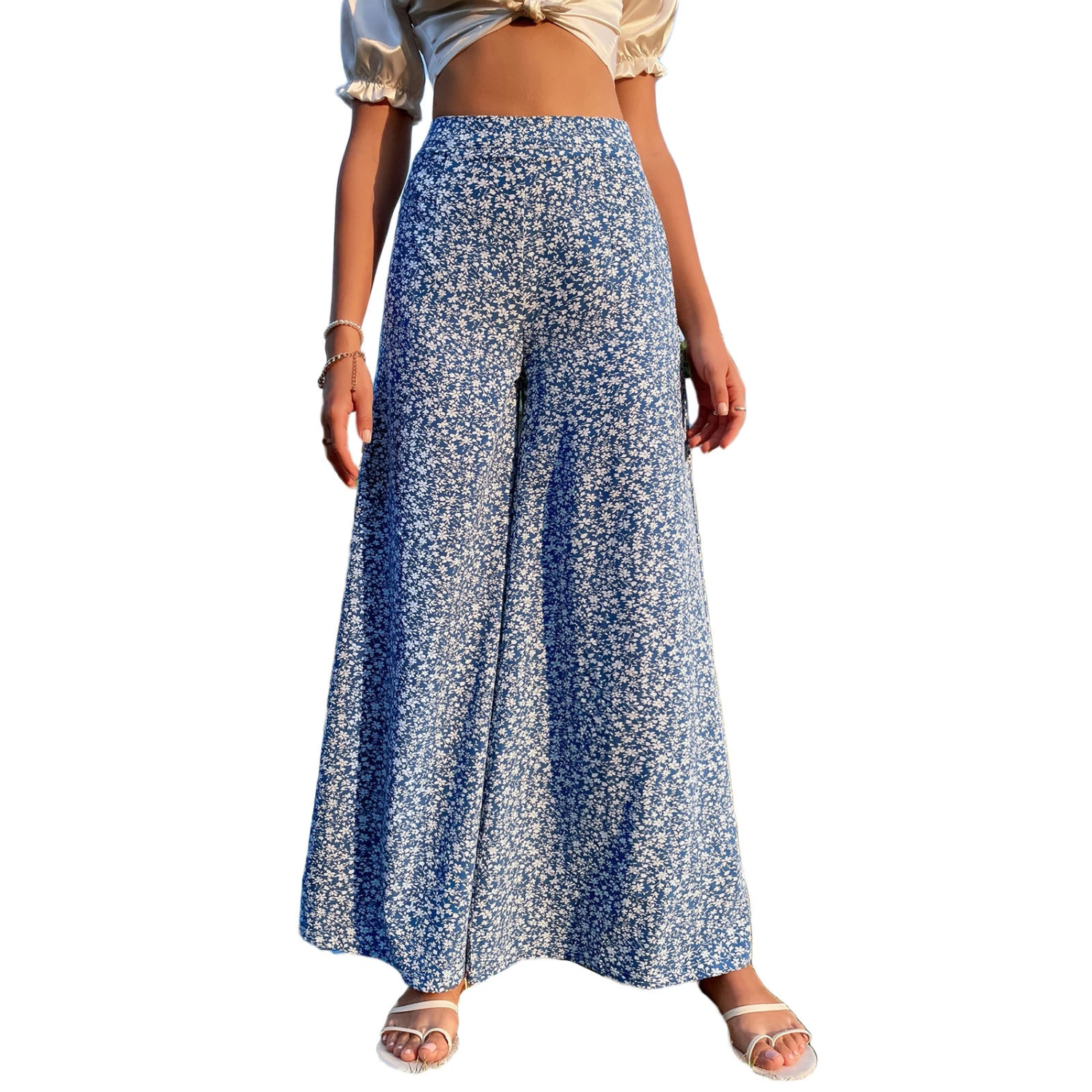 Women's Wide Leg Pants, High Waist Floral Printed Baggy Trousers