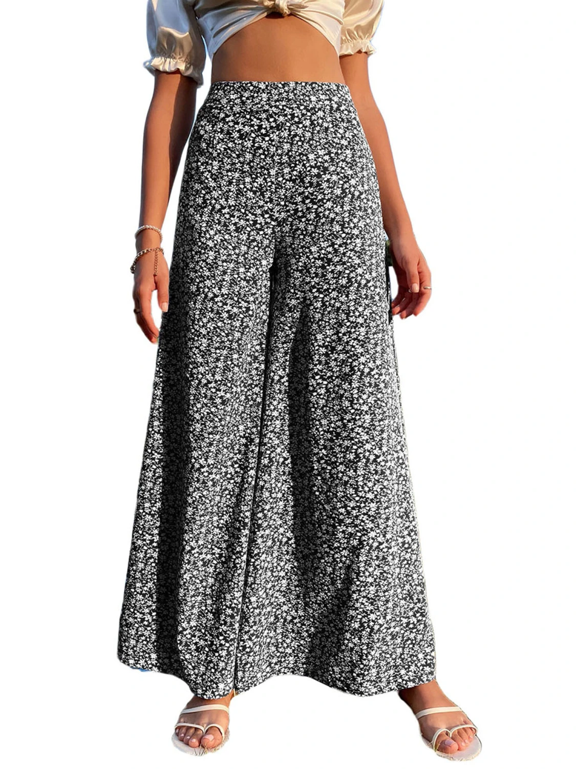 Women's Wide Leg Pants, High Waist Floral Printed Baggy Trousers