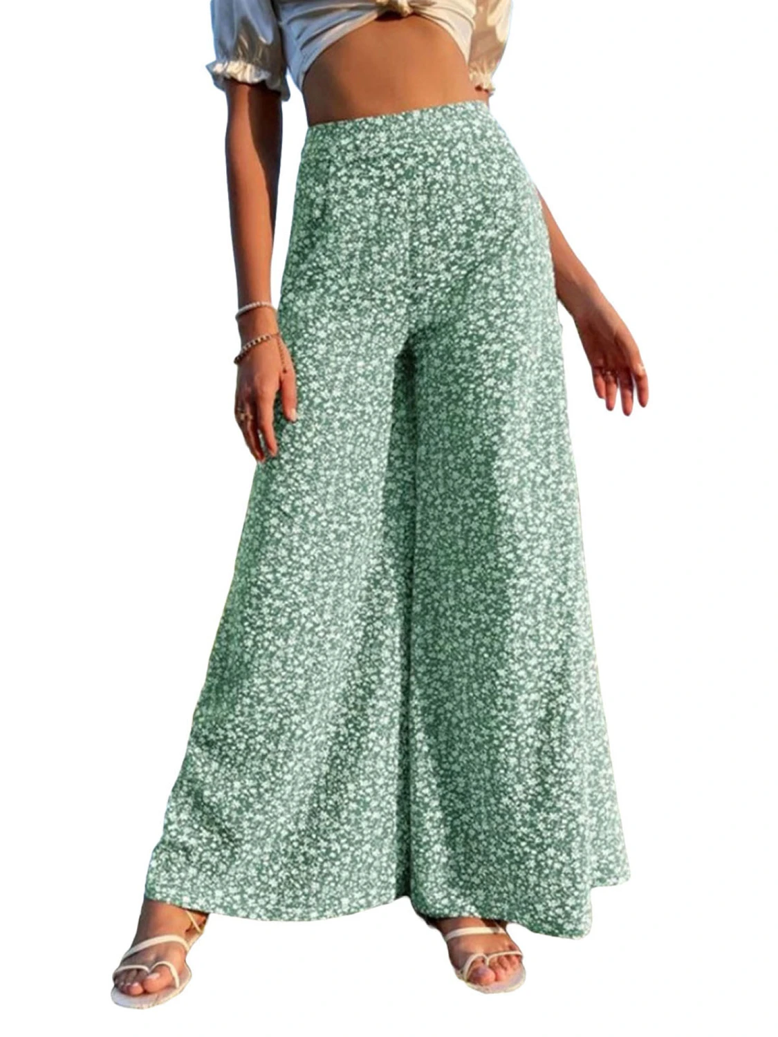 Women's Wide Leg Pants, High Waist Floral Printed Baggy Trousers