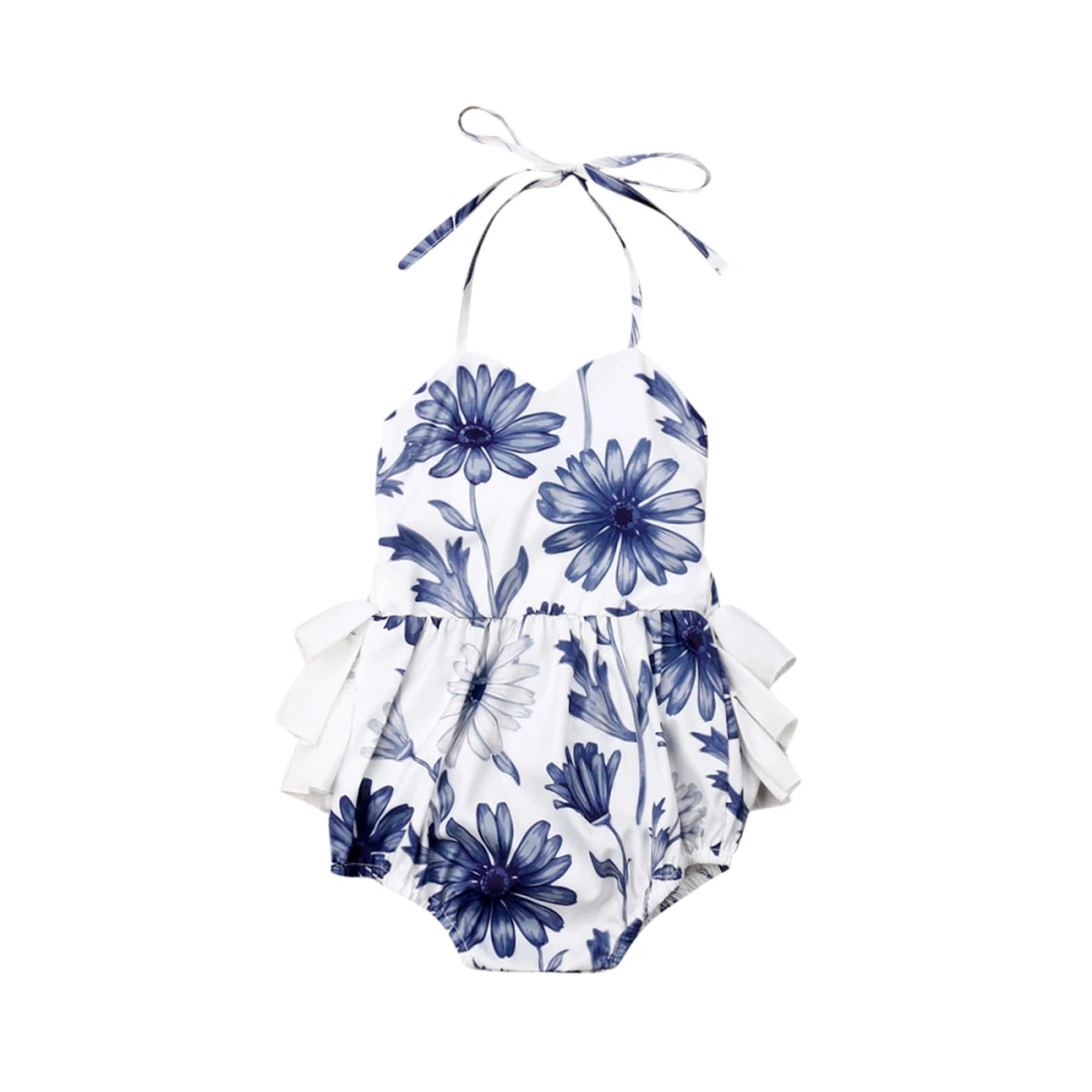 Infant Girl Ruffle Romper, Sleeveless Flowers Printed Strap Casual Jumpsuit