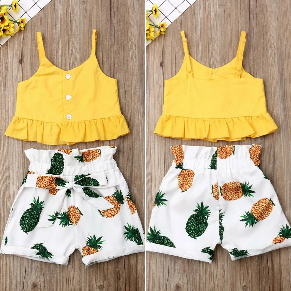 Baby Girls Summer Clothes Set Sleeveless Ruffle Camisole+Pineapple Print Shorts