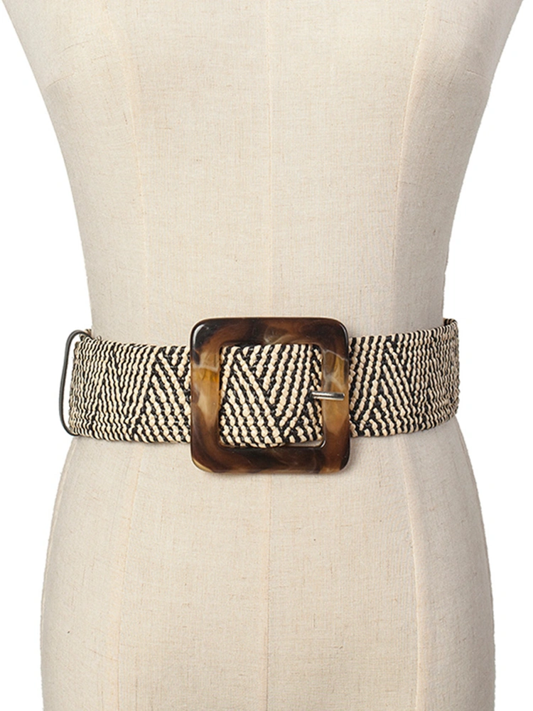 Women Straw Woven Waist Belt, Elastic Retro Stretching Waistband