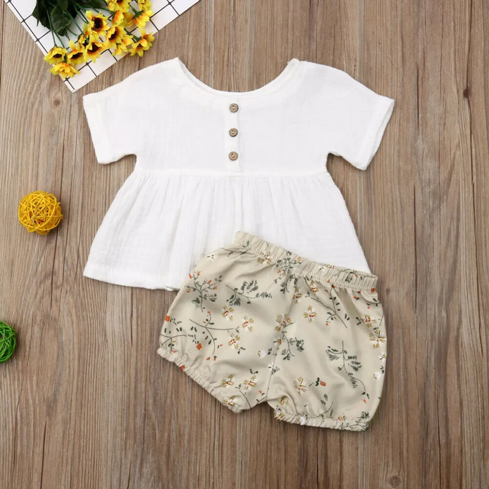 Baby Girls Summer Clothes Set Short Sleeve Solid Color O-neck Tops+Floral Shorts