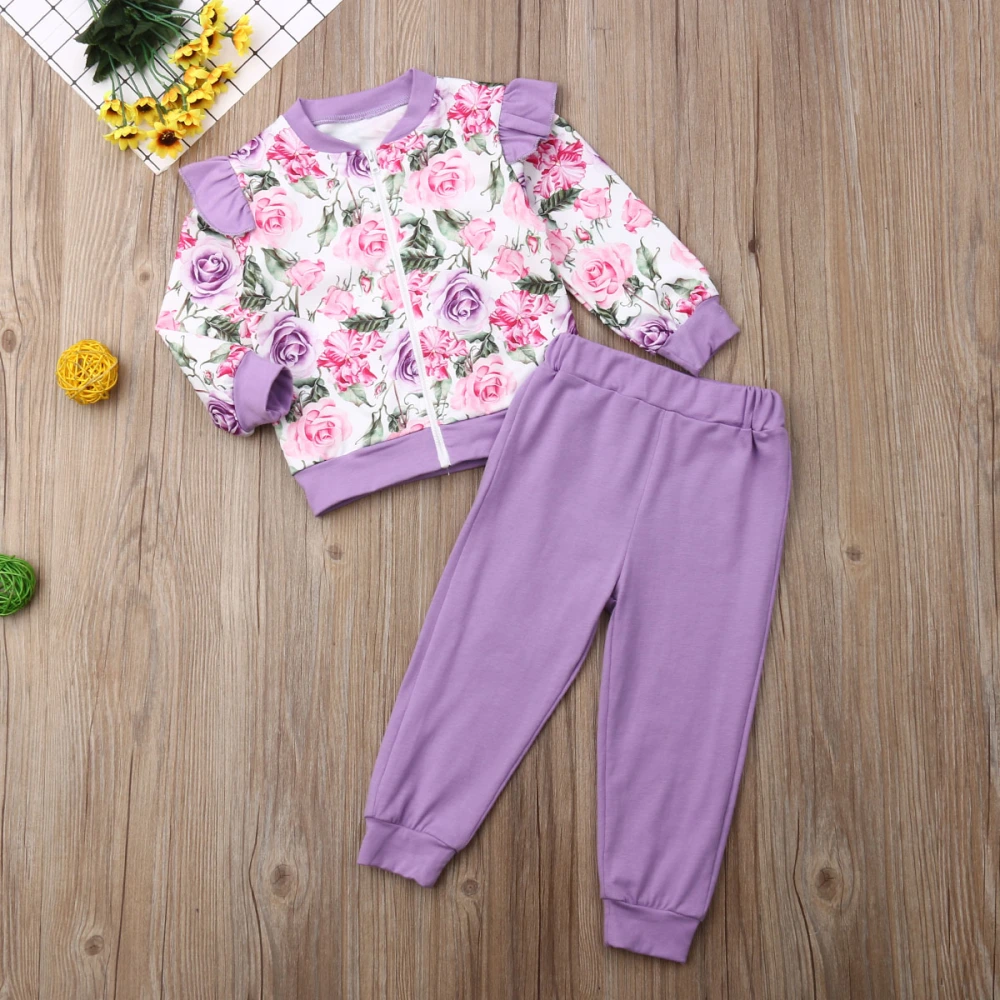 Girls 2 Pieces Outfit, Floral Print Ruffles T-shirt Tops + Pants Leggings Set