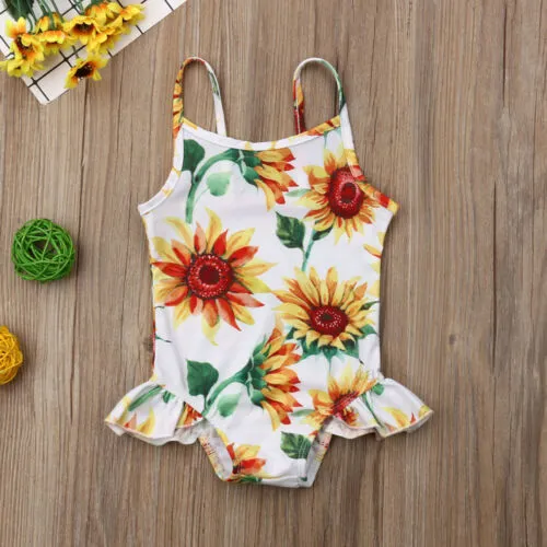 Baby Girls Summer One Pieces Swimsuit Sleeveless Sling Sunflower Beachwear