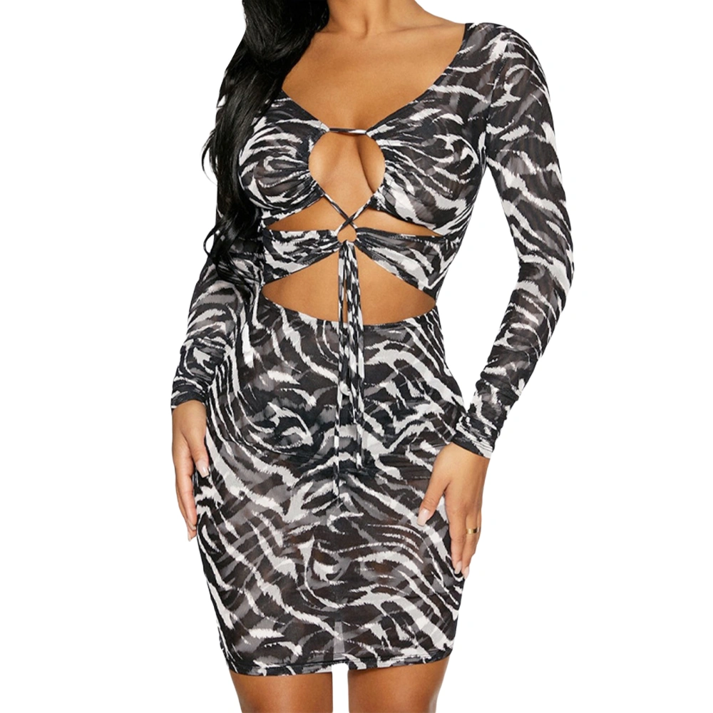 Women's Spring Summer Long Sleeve Zebra Print Hollow Tie Up Dress