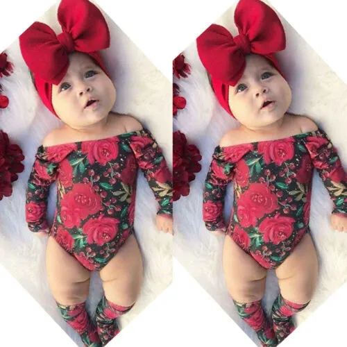 Girl 3 Pieces Outfit, Floral Print Long Sleeve Romper + Headband + Socks