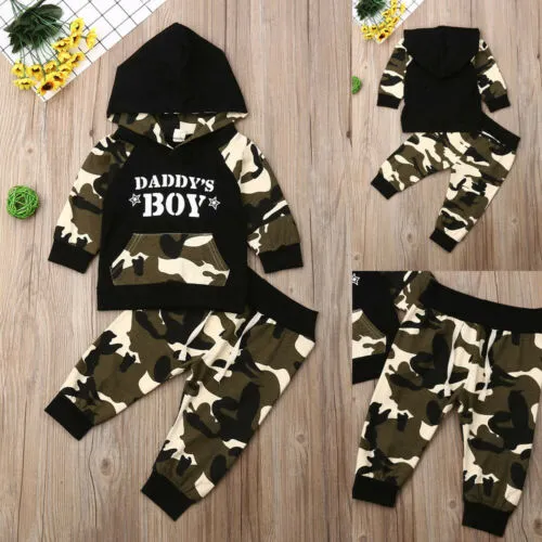 Baby Boy Clothing Set Long Sleeve Letter Hooded Sweatshirt + Camouflage Pants