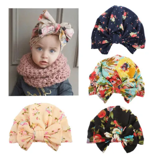 Babies Adorable Hats, Floral Printed Turban Bandana Headbands, Front Big Bow Cap