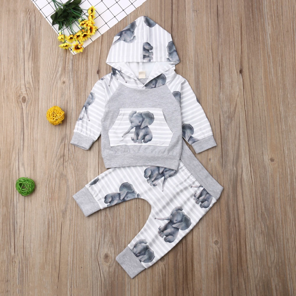 2Pcs Baby Spring Tracksuit, Elephants Stripes Pullovers + Casual Pants