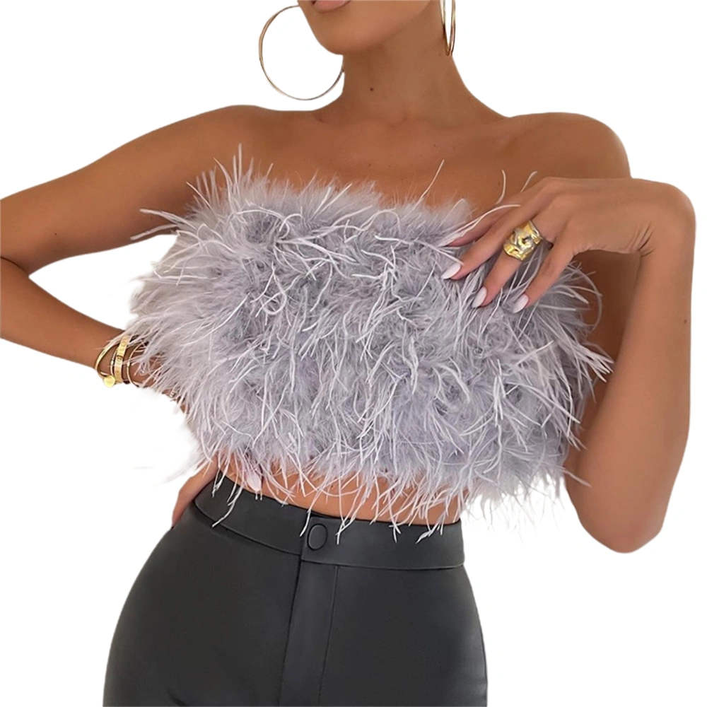 Women Artificial Fur Feather Vest, Solid Color Strapless Tube Tops