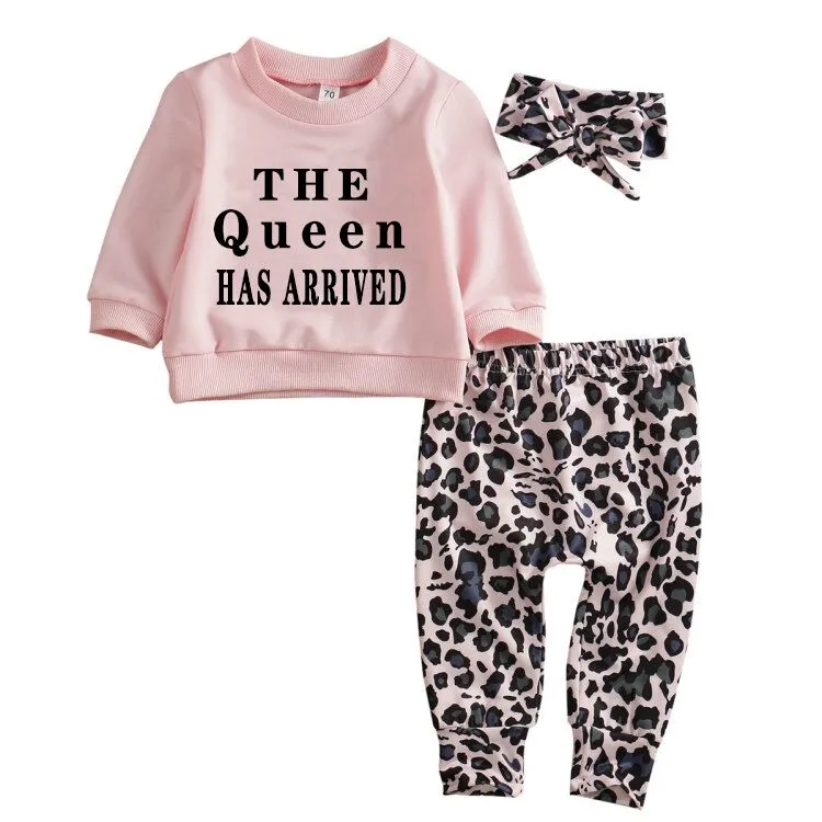 Baby Girl's Long Sleeve Letter Print Top + Leopard Print Pants + Headband