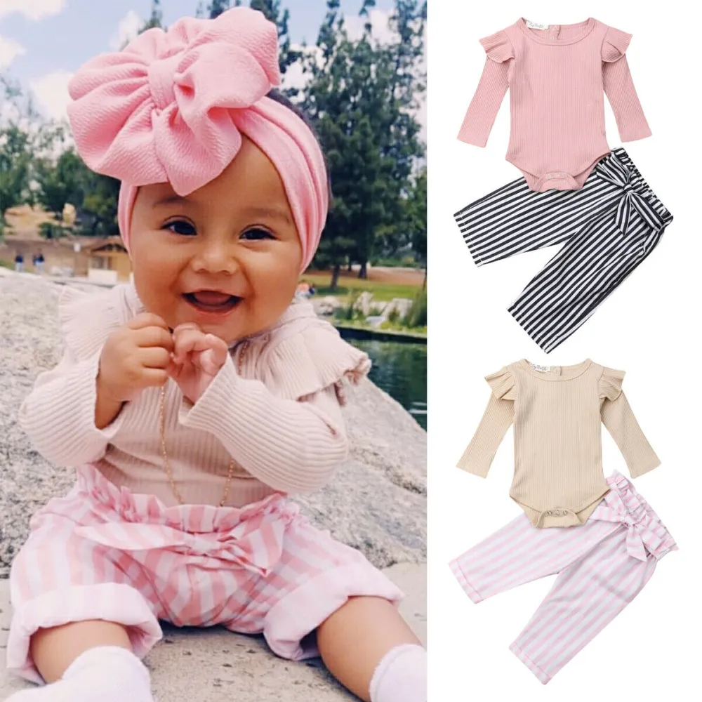 Infant Girl Suit, Long Sleeve Ruffled Romper Tops+Stripe Long Pants