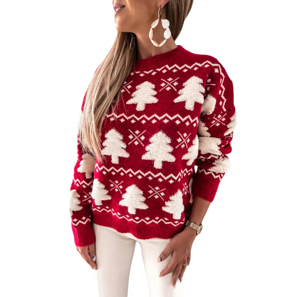 Women's Long Sleeve Sweater, Crew Neck Casual Christmas Tree Knitwear