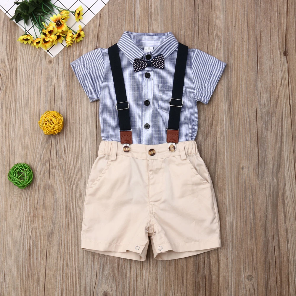 Baby Boy 2PCS Outfit Set, Bow Folded Collar Top, Short Suspender Pants Set