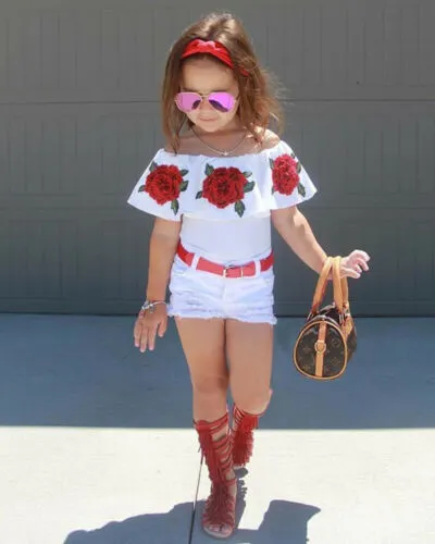 Kid Baby Girls Summer Outfits Off Shoulder Tops + Belted Shorts