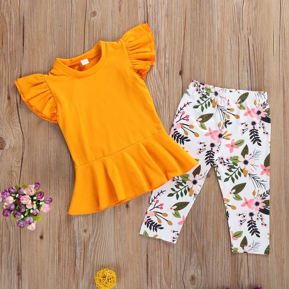 Baby Girl's Solid Color Ruffle Sleeve Top + Floral Printed Elastic Pants Outfits