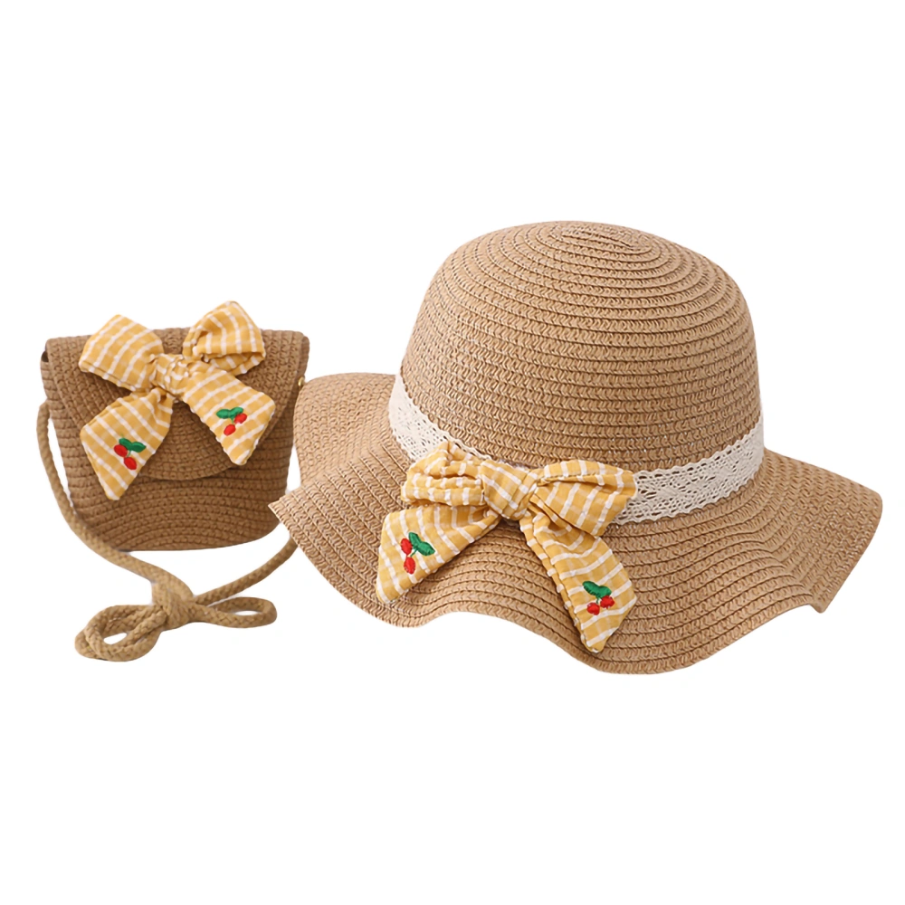 Girls Sun Hat with Sling Bags, Wide Brim Lace Striped Big Bowknot Caps