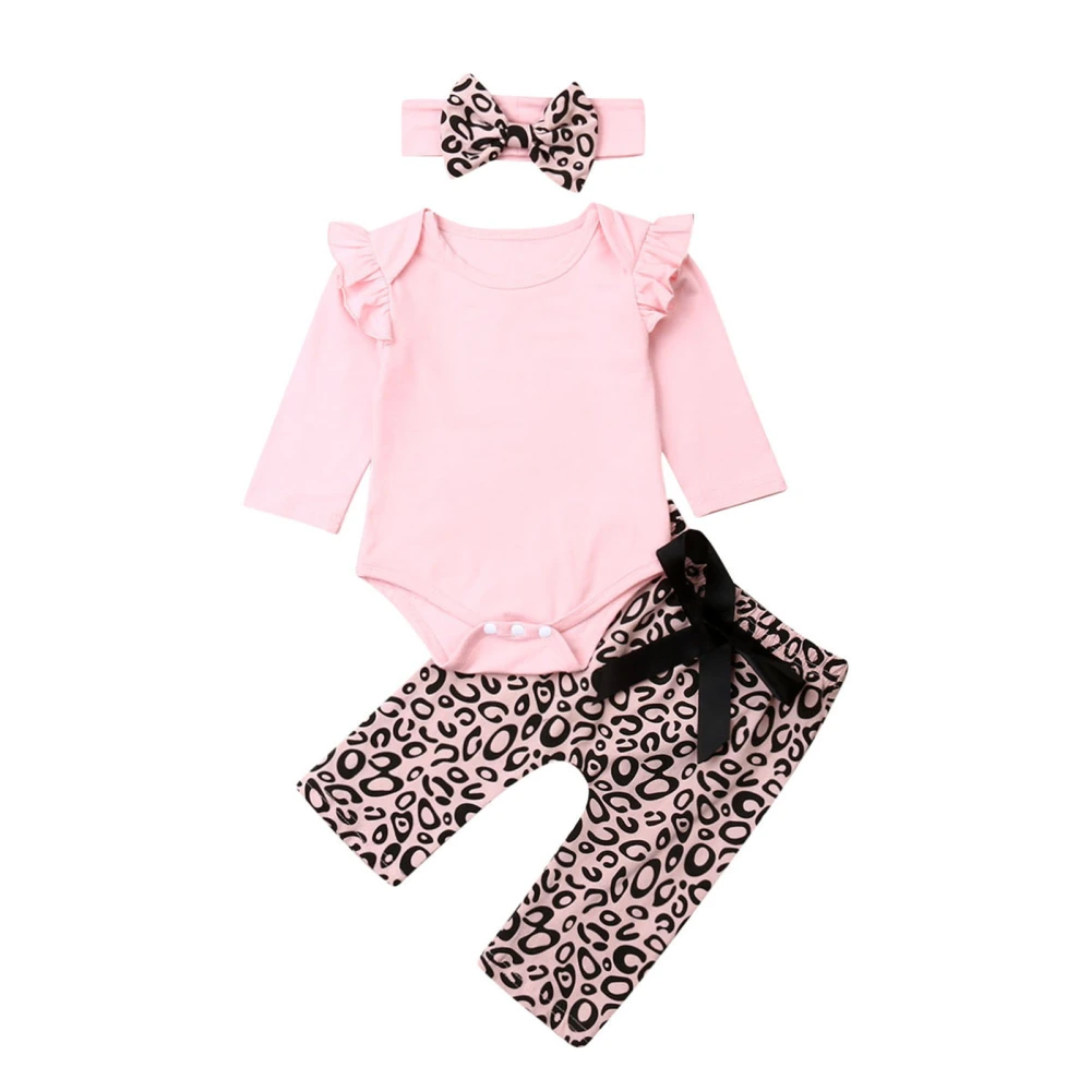 3 Pcs Baby GirlOutfits, Long Sleeve Rompers + Leopard Pants + Headband Suits