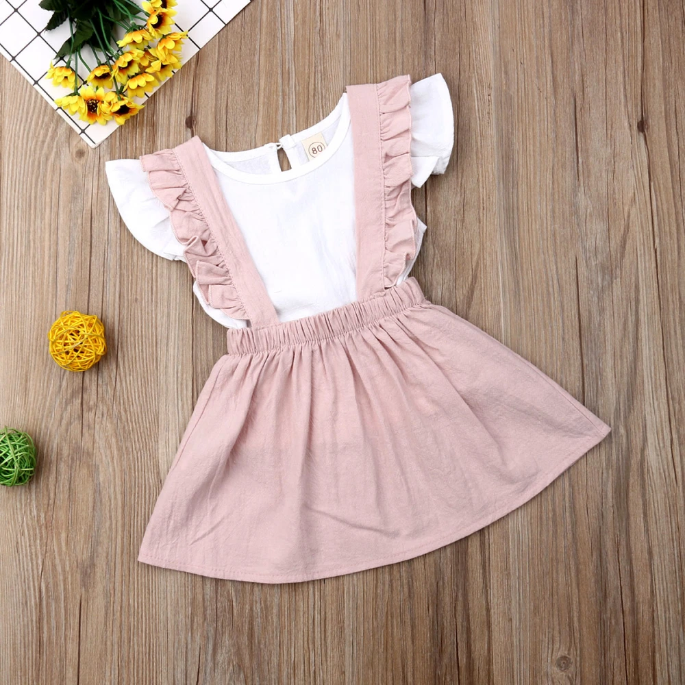 Girls White Flying Sleeve Round Neck Tops + Pink Suspender Skirt