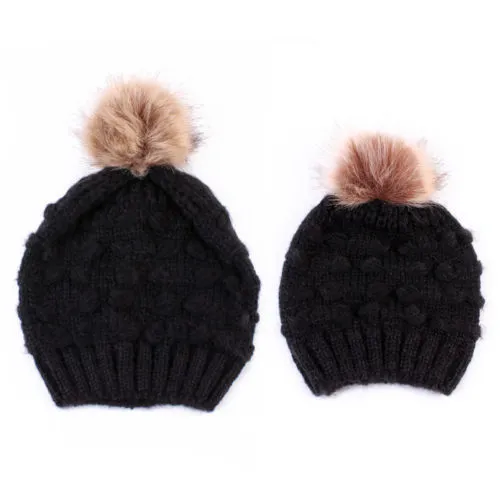 Parent-Child Hat Fur Pompom Hat Warm Winter Wool Knitted Beanie Pom Hat